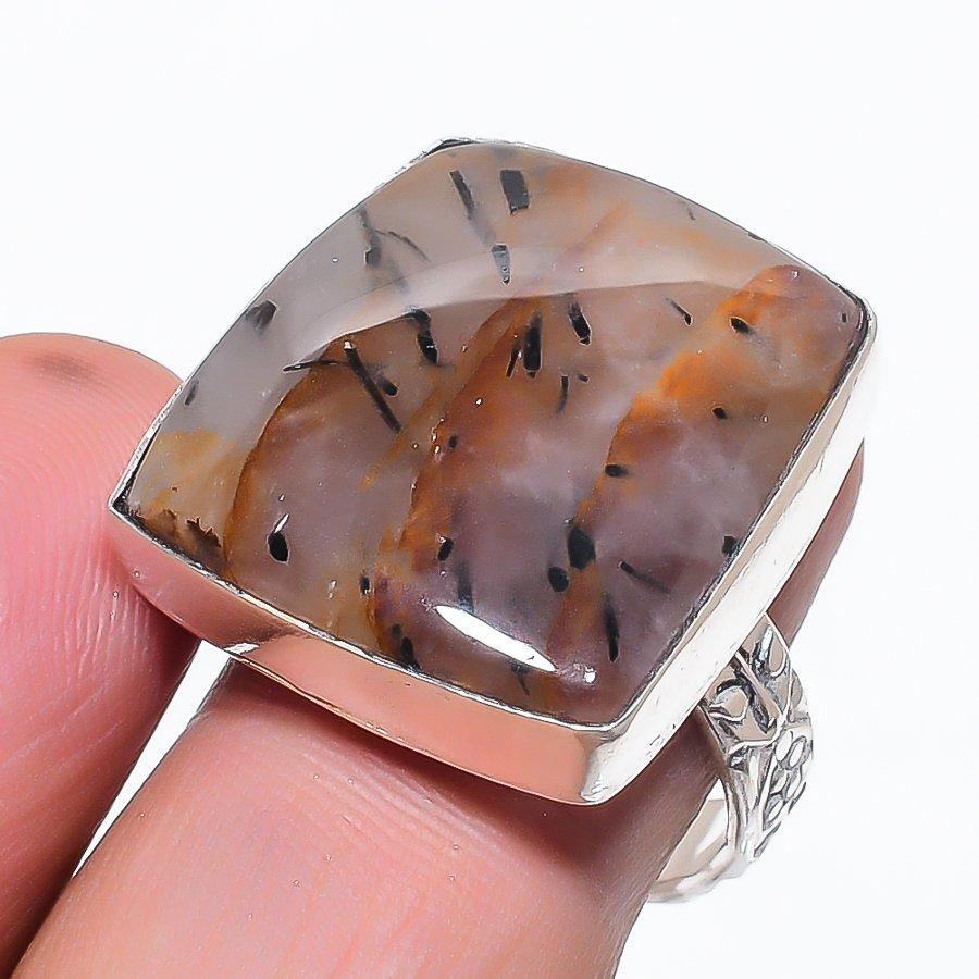 Natural Black Rutile Gemstone 925 Sterling Silver Jewelry Ring Size 8 a5L84