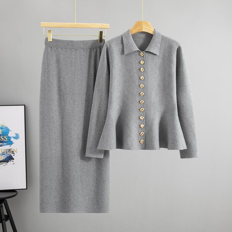 Women's Spring/Fall Elegant POLO Collar Ruffle Cardigan Sweater & Hip-Hugging Skirt Two-Piece Set