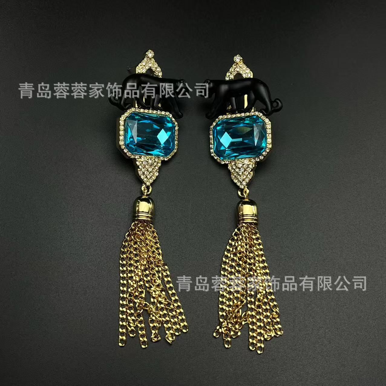 

Винтажные серьги Роскошные Черный Леопард Квадратный Хрусталь Драгоценный Камень Кисточка Фея Длинный Стиль С Чувством Роскоши синий
