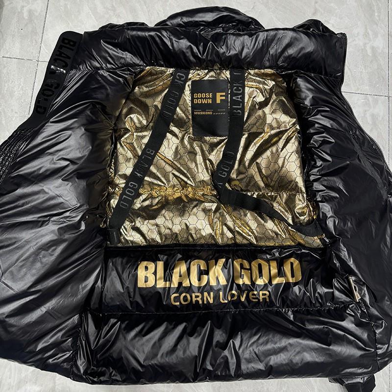 Womens Black Gold Winter Puffer Jacket Loose Fit Hooded Thick Warm Down Coat Short Length