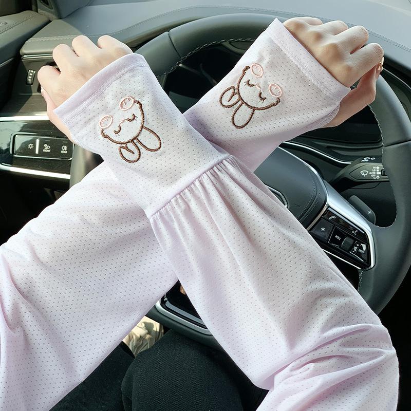 Women’s UV Protection Arm Sleeves, Cute Bunny Print Ice Silk Cooling Sleeves, Breathable Thin Summer Sun Sleeves for Cycling Running Outdoor