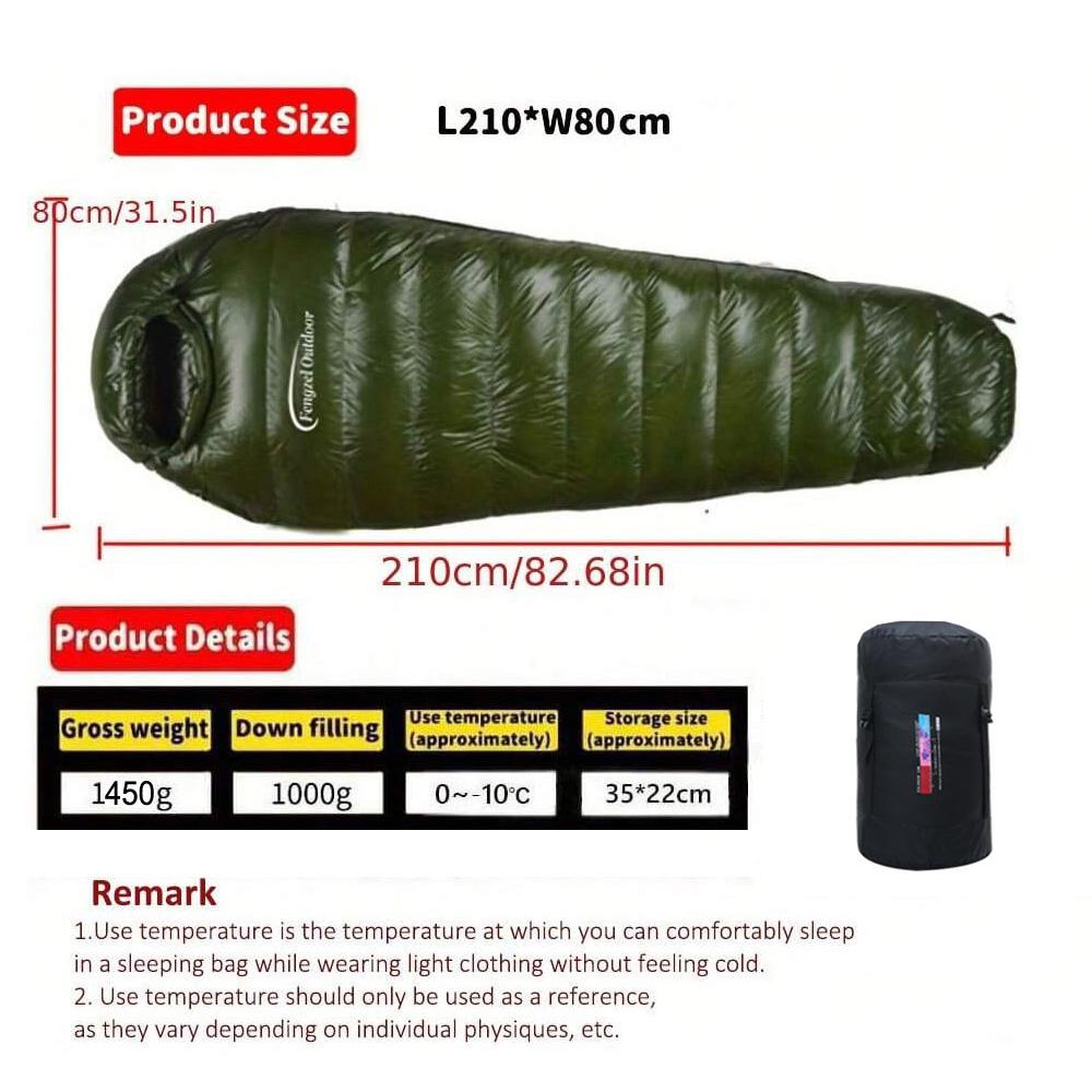 Outdoor camping, mummy down sleeping bag, 90% white duck down 1000g filling, ultra-light and warm, duck down sleeping bag