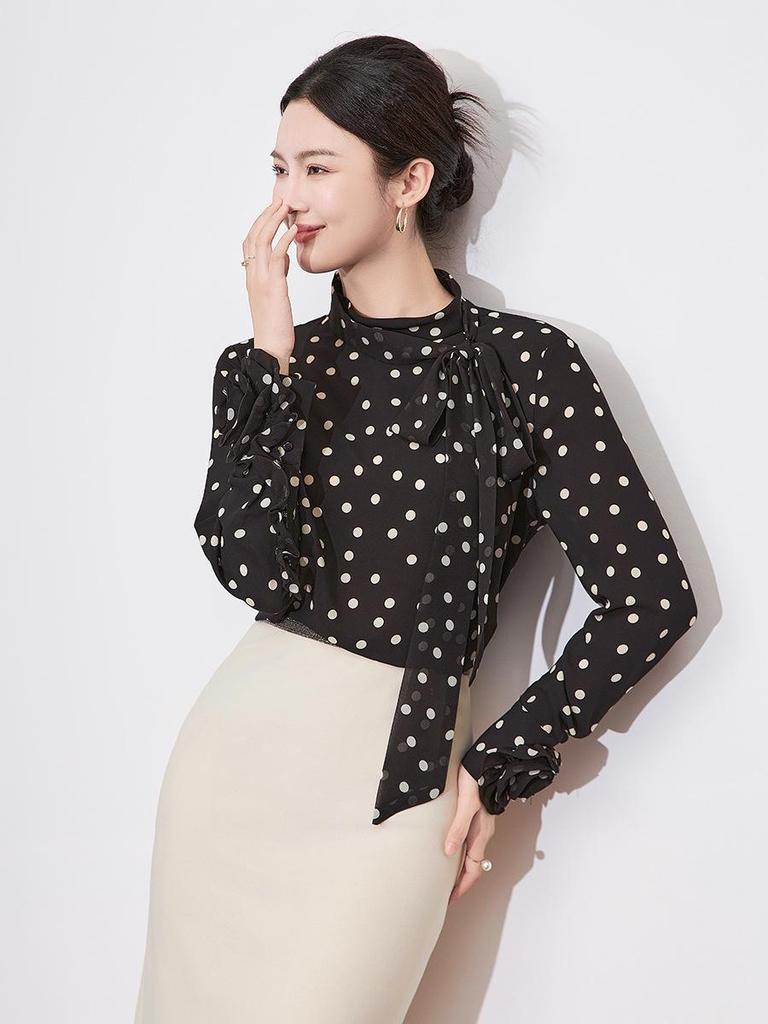 Elegant French Polka Dot Chiffon Bow Shirt - Early Spring Style