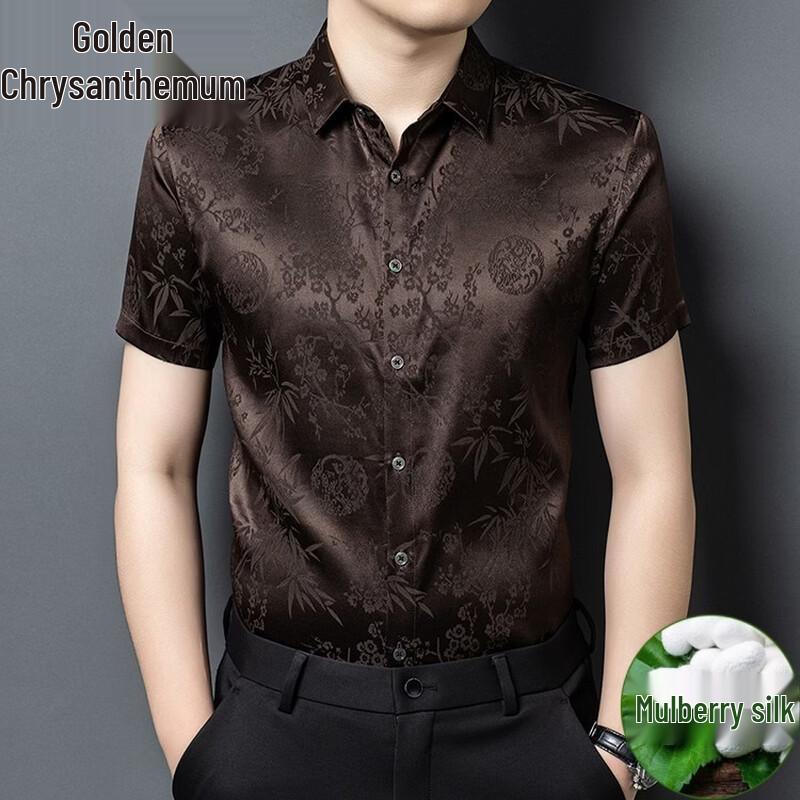 

Jinjuyuan Men s Xiangyunsha Silk Blend Short-Sleeve Tang Suit Shirt 50