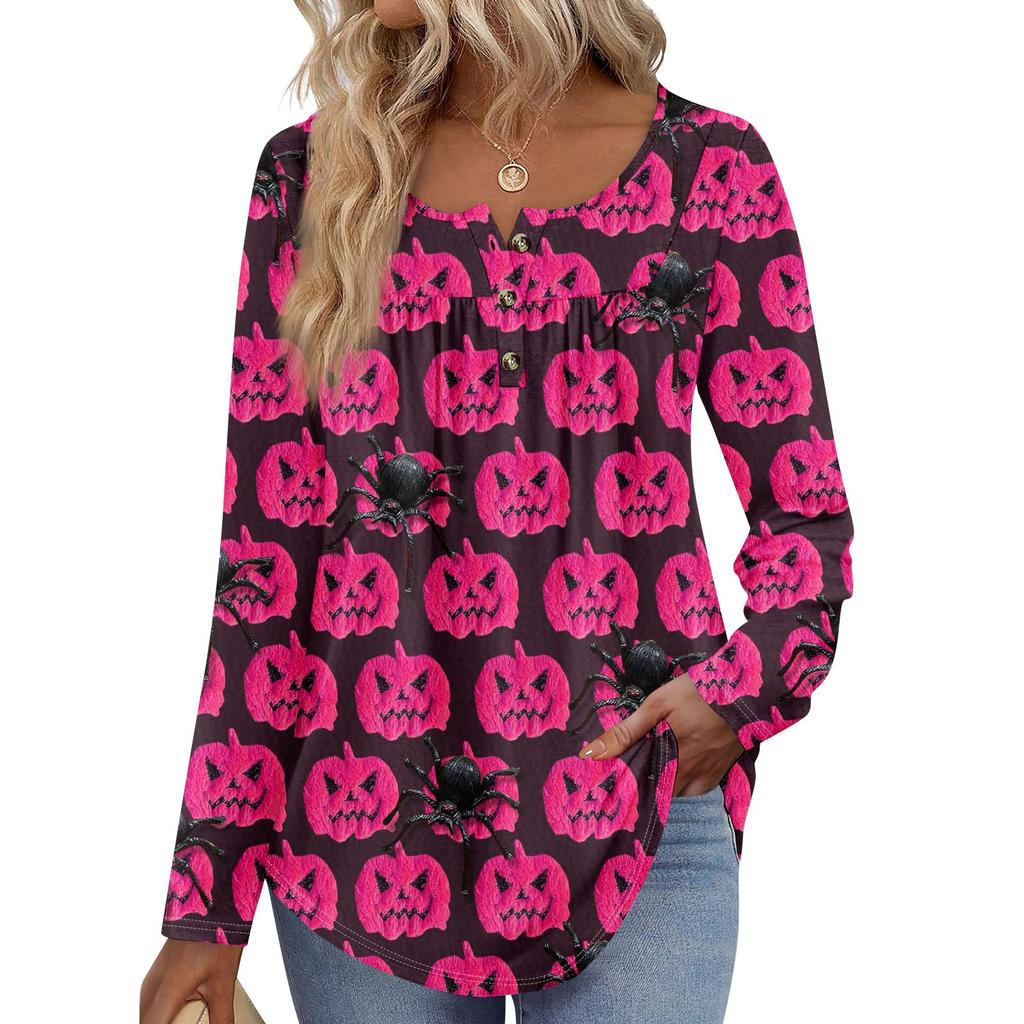 Dam Tunika Långärmad Lös Toppar Casual Oversized Toppar Plisserad Tunika Knäppning Casual Dam Tryckta Toppar