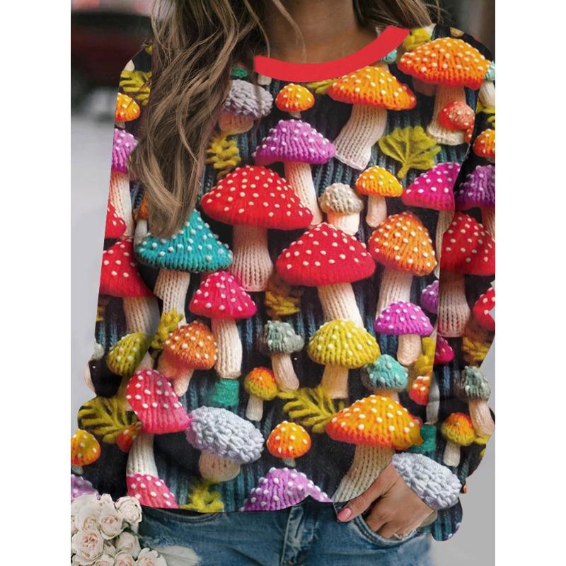 Cartoon Pattern Women's Long-sleeved T-shirt Loose-fitting Casual Long-sleeved Top Mushroom Print Oversize Women's Clothing