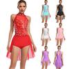 Collant de Dança Feminino Brilhante Sem Mangas com Costas Vazadas Saia Irregular Aplique de Strass Fantasia Latina