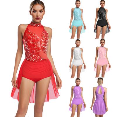 Womens Glittery Dance Leotard Sleeveless Back Hollow Out Irregular Skirted Rhinestone Applique Latin Costume
