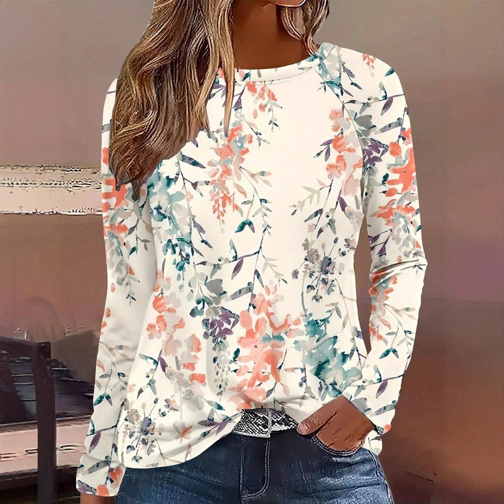 Round Neck 3D Flower Pattern Top Casual Long Sleeved Women's T-shirts - Soft Medium Stretch Polyester Fabric Spring and Autumn Relaxed Fit Clothing