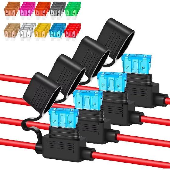 Inline Fuse Holder 12V/24V Waterproof, 4 Pack Heavy Duty 12AWG Automotive Blade Fuse Block For Car Truck Marine Boat RV, Complete Kit With 40Pcs