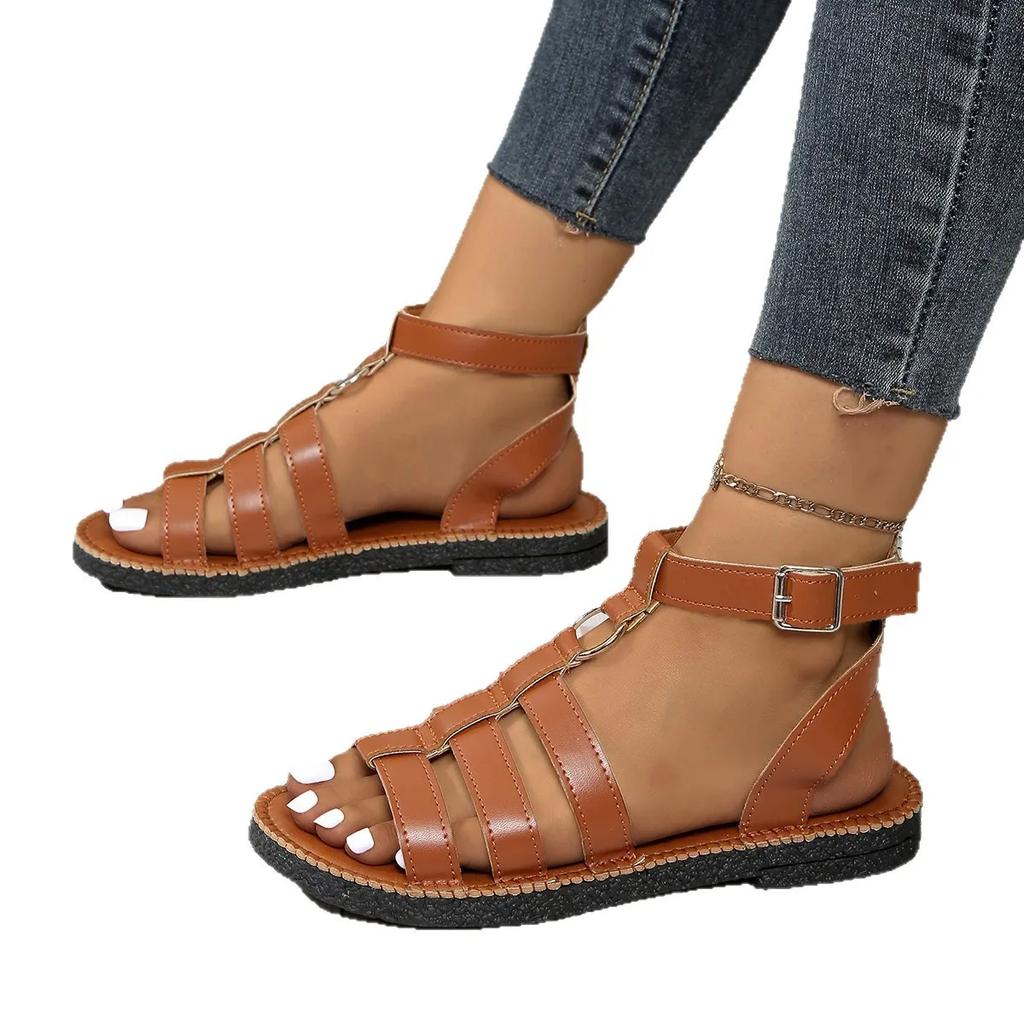Fashion Sandals Women's 2025 Fashion Leather PU Round Toe Ankle Metal Buckle Platform Women's Shoes Handmade Flat Sandals in Summer