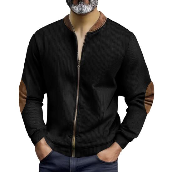 Men Casual Coat Stand Collar Long Sleeve Zipper Closure Plaid Elbow Patch Baseball Jacket Outdoor Street Wear