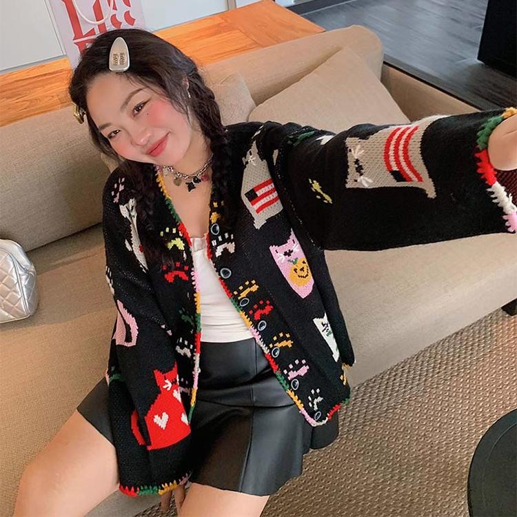 Dimanaf 2025 Flower Sweaters Cardigan Autumn Women Print O-Neck Sweaters Knitting Loose Black Sweater