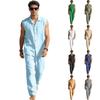 Men Sleeveless Shirt and Pants Set Linen Fabric Lightweight Button Front Collar Shirt with Loose Fit Trousers Summer Casual Outfit