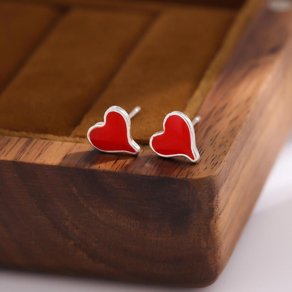 Heart-Shaped Red Epoxy Stud Earrings for Women
