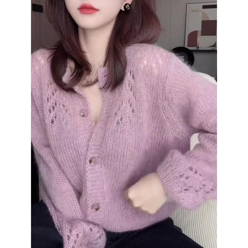 2024 Autumn/Winter Ladies' Pink Hollow Knit Sweater: Long Sleeve Wool Top
