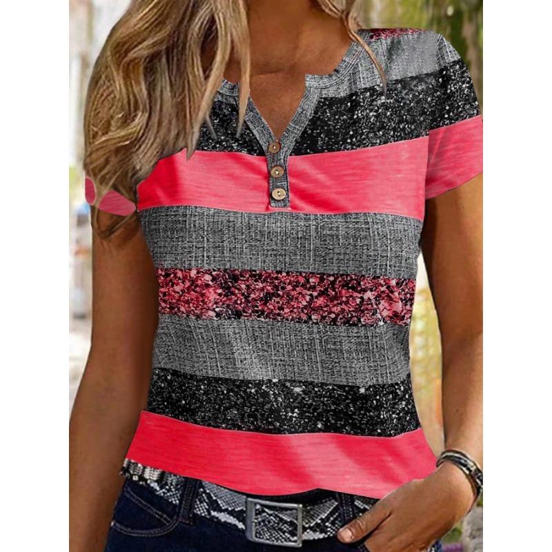 

Casual Women s Three Button Striped Printed V-neck Short Sleeved T-Shirt S червоний