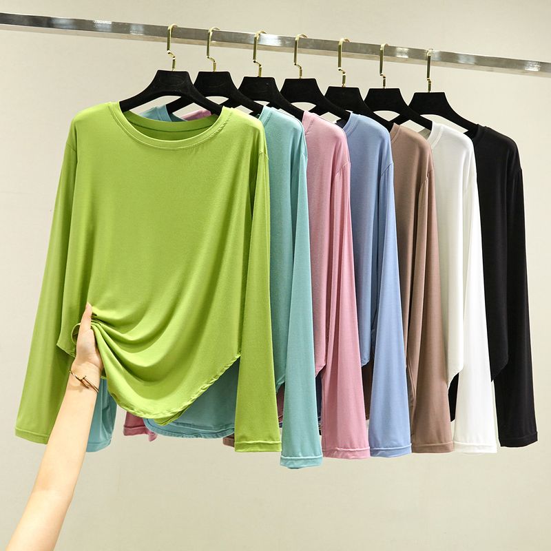 

Модальная футболка с длинным рукавом Женская весенне-осенняя нижняя одежда С круглым вырезом Базовая футболка Летний свободный большой размер Универсальный топ с разрезом для танцев Khaki XXL (recommended 70.00 kg-80.00 kg