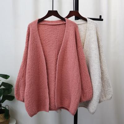 Autumn and Winter New Loose Soft Waxy Solid Color Lantern Sleeve Knitted Cardigan Lazy Wind Sweater Jacket Women