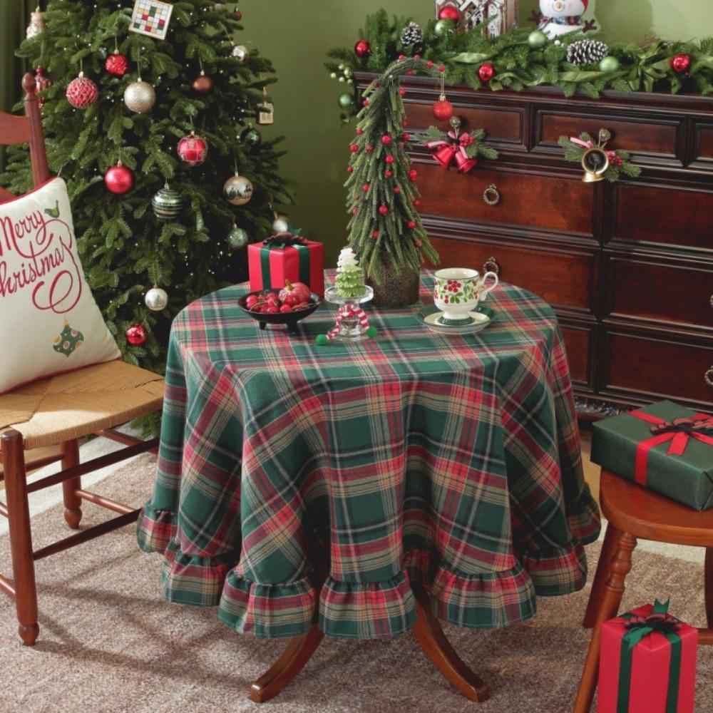 American Retro Christmas Plaid Tablecloth Round Rectangular Dining Tea Table Cover Holiday Decor