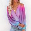 Women Casual Lantern Long Sleeve Blouse Gradient Print Surplice Neck Spring Fall Clothing