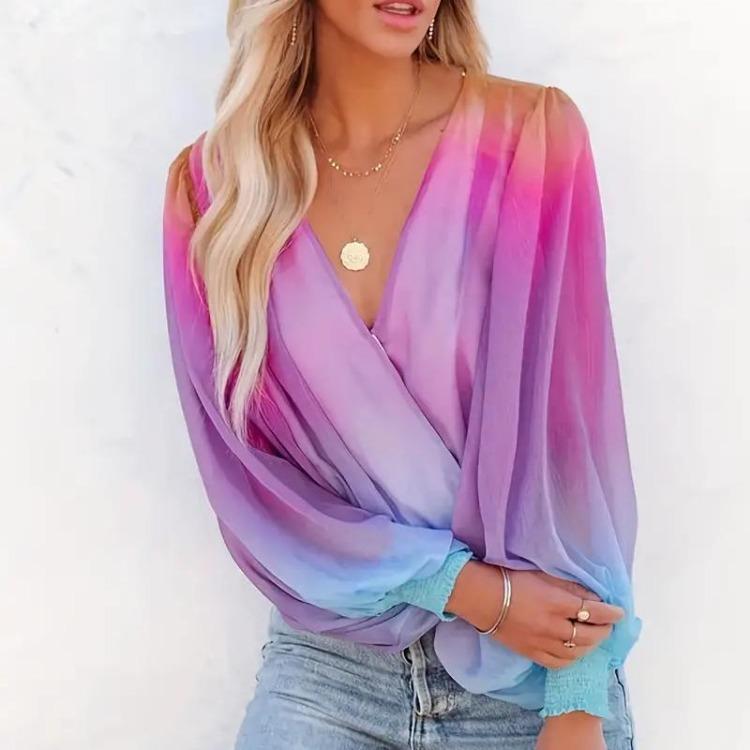 Women Casual Lantern Long Sleeve Blouse Gradient Print Surplice Neck Spring Fall Clothing