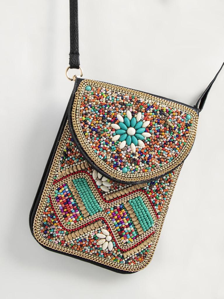 Bohemian Ethnic Shoulder Bag with Rice Beads, Shell Mobile Pocket, Floral PU Design, Women's Crossbody for Travel Photography.