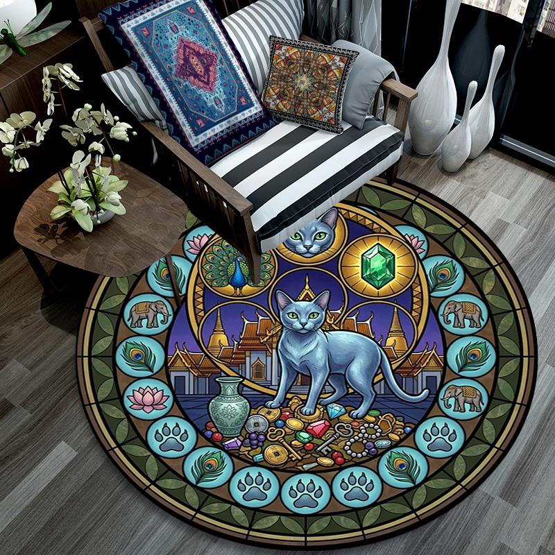 Cats Peacocks Elephants Gems Temple Glass Round Area Rug Under Office Chairs Bedroom Living Room Home Decor 80cm x 80cm
