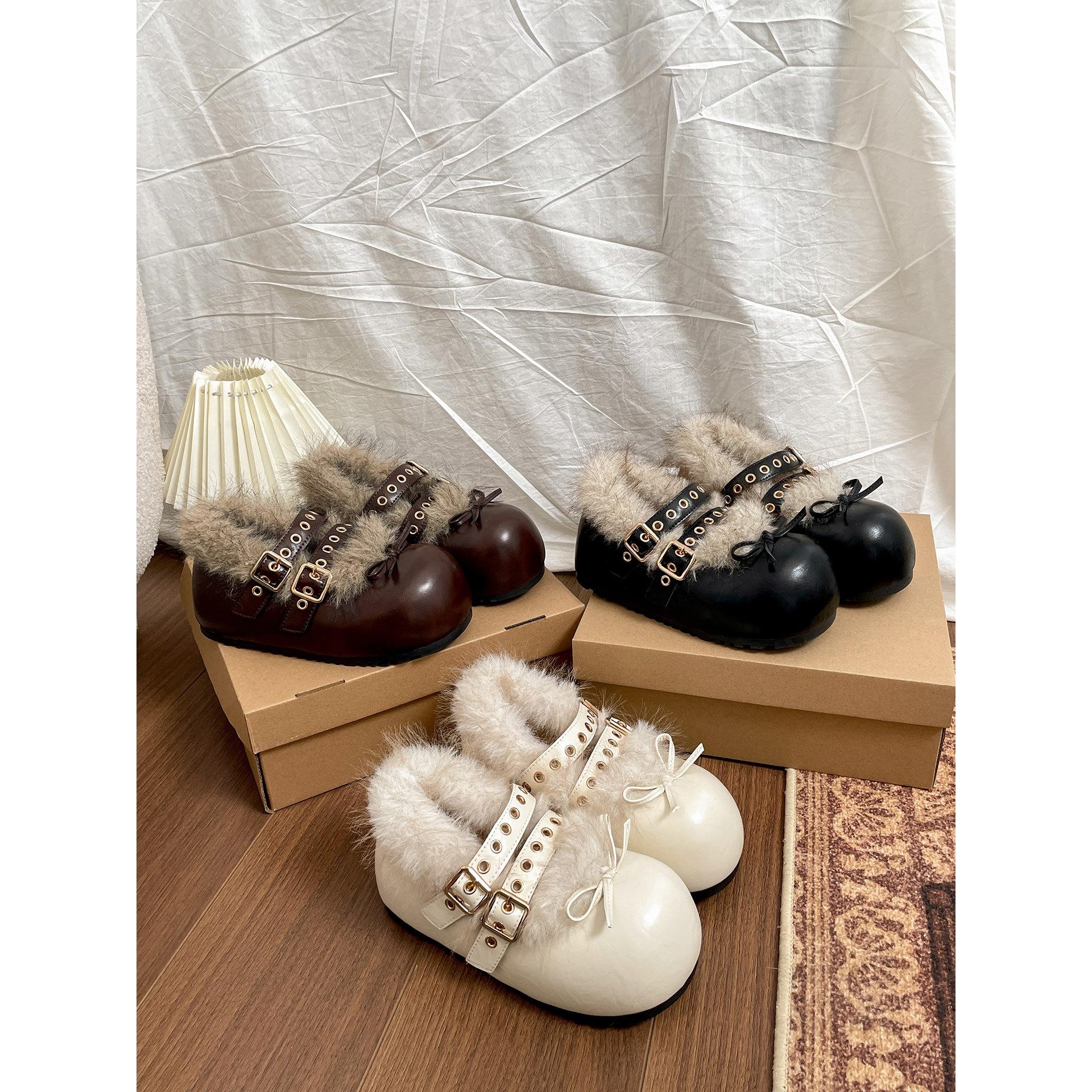 

White French velvet thickened and heightened platform cotton shoes for women s winter wear to keep warm Mary Jane Mao Mao shoes 40 коричневий
