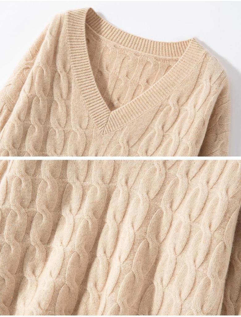 Women's V-Neck Loose Cable Knit Wool Sweater - Winter 2024 Casual Pullover Knitwear