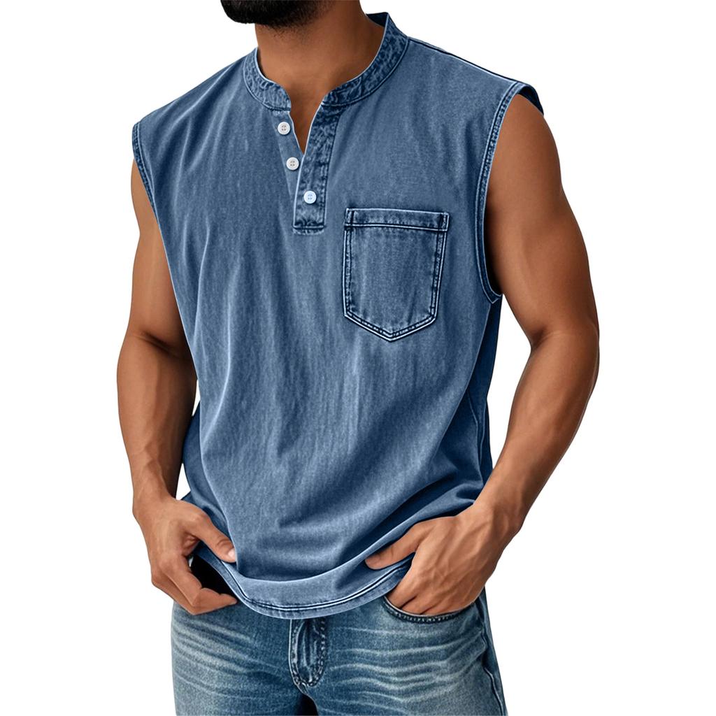 Men’s Summer Sleeveless Henley Tank Top with Button Front and Chest Pocket Casual Athletic Vest Shirt