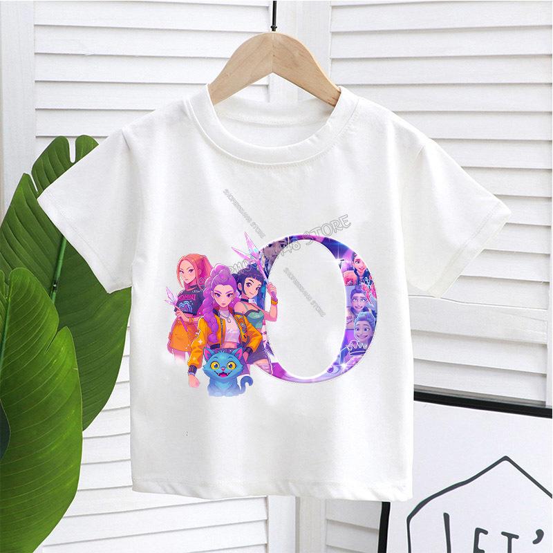 KPop Demon Hunters White T-shirt for Children A-Z Letters Tee Top Cartoon Round Collar Clothes Kids Short Sleeve Clothing Gift