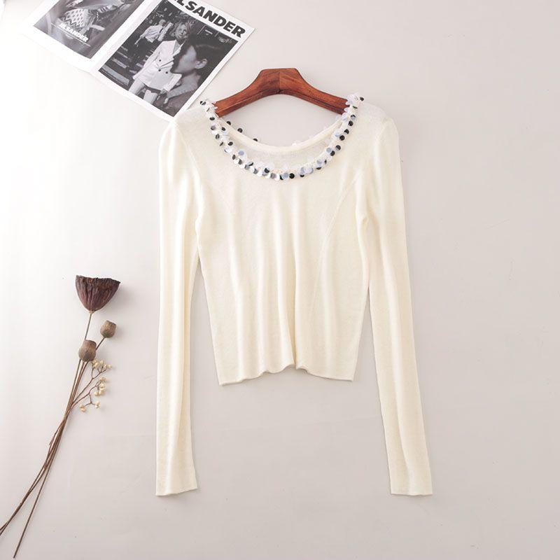 Scale Sequin Large round Neck Long Sleeves Thin Knitwear Six Wool Pure Color Silm Pullover Clavicle Top Women