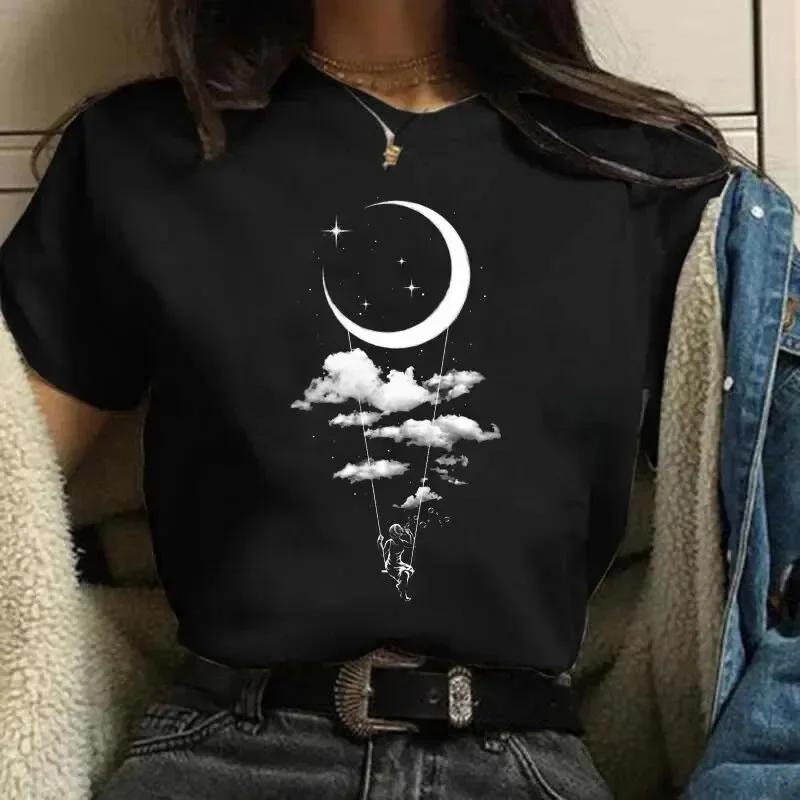 90er Mond Harajuku Lustiges 90er Damen T-Shirt Mädchen Cartoon Grafik Aufdruck Schwarz Damen T-Shirt Lässiges Damen Shirt Kawaii T-Shirt