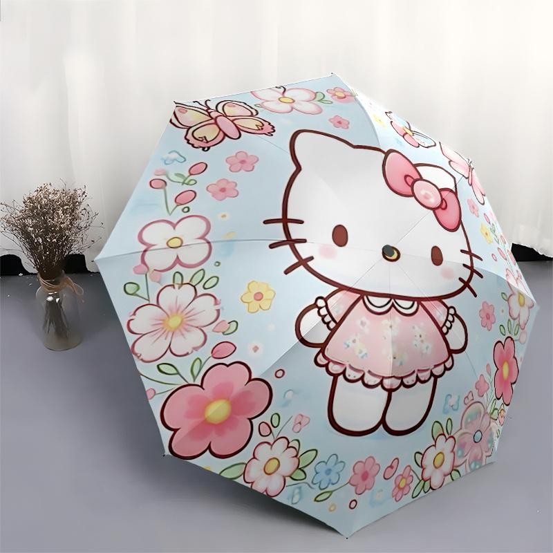 1pc Hello Kitty Floral Pattern Automatic Opening/Closing Umbrella - Portable Three-Fold Design with 8-Bone Iron Frame, Outdoor, Gift for Fans, Travele