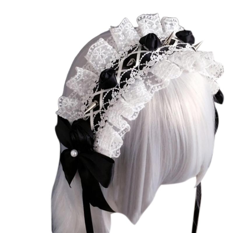 

Steampunk Rivets Hair Hoop Dark Gothic Halloween Costume Headpiece Adjustable Lace Punk Headband with Spiked Rivets