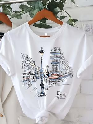 Unisexs Paris Street Printed Tshirt Short Sleeves Round Neck Casual Top With Eiffel Tower Design Springsummerautumn Fashion