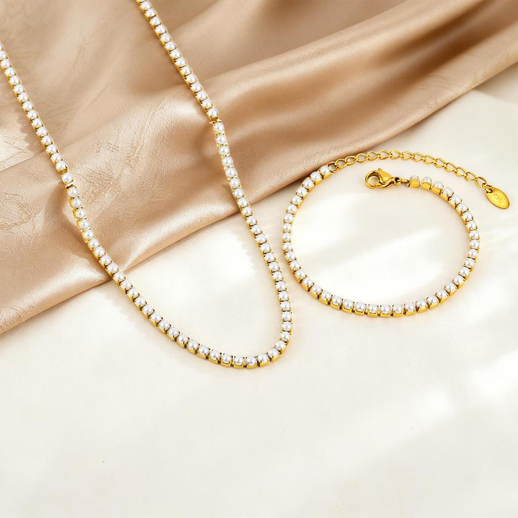 Modern Pearl Tennis Bracelet for Women 18K Gold Plated Stainless Steel Geometric Box Pearl Link Chain Wedding Jewelry