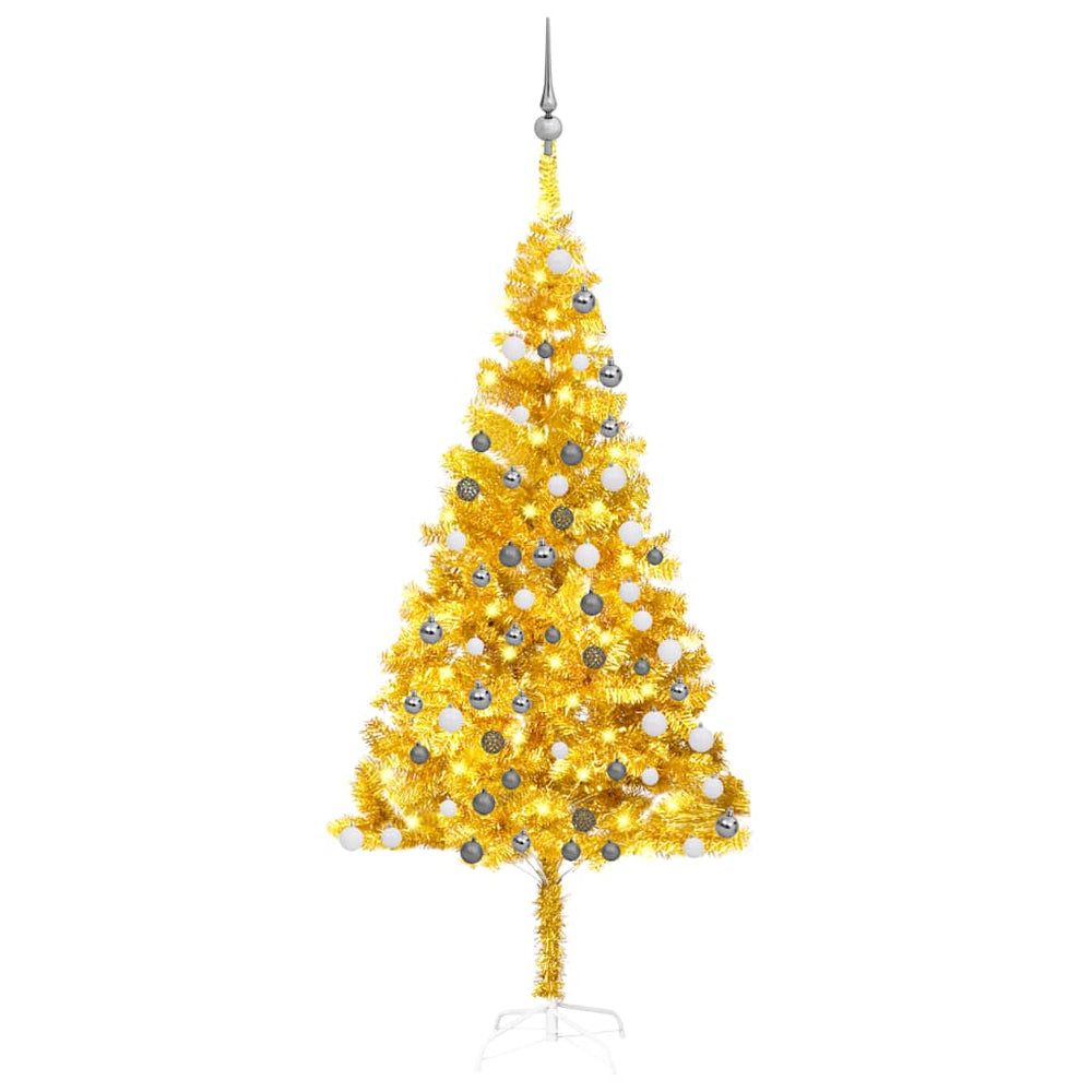 Arbre de Noël artificiel pré-éclairé et boules doré 180 cm PET