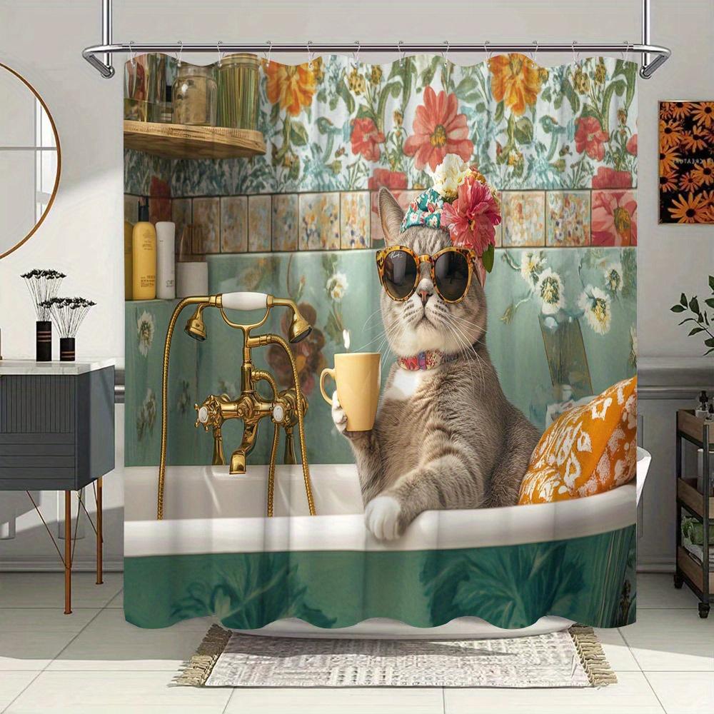 Stylish Cat in Bathtub with Sunglasses Waterproof Shower Curtain, Modern Bathroom Decor, Unique and Durable,Perfect for Home Use