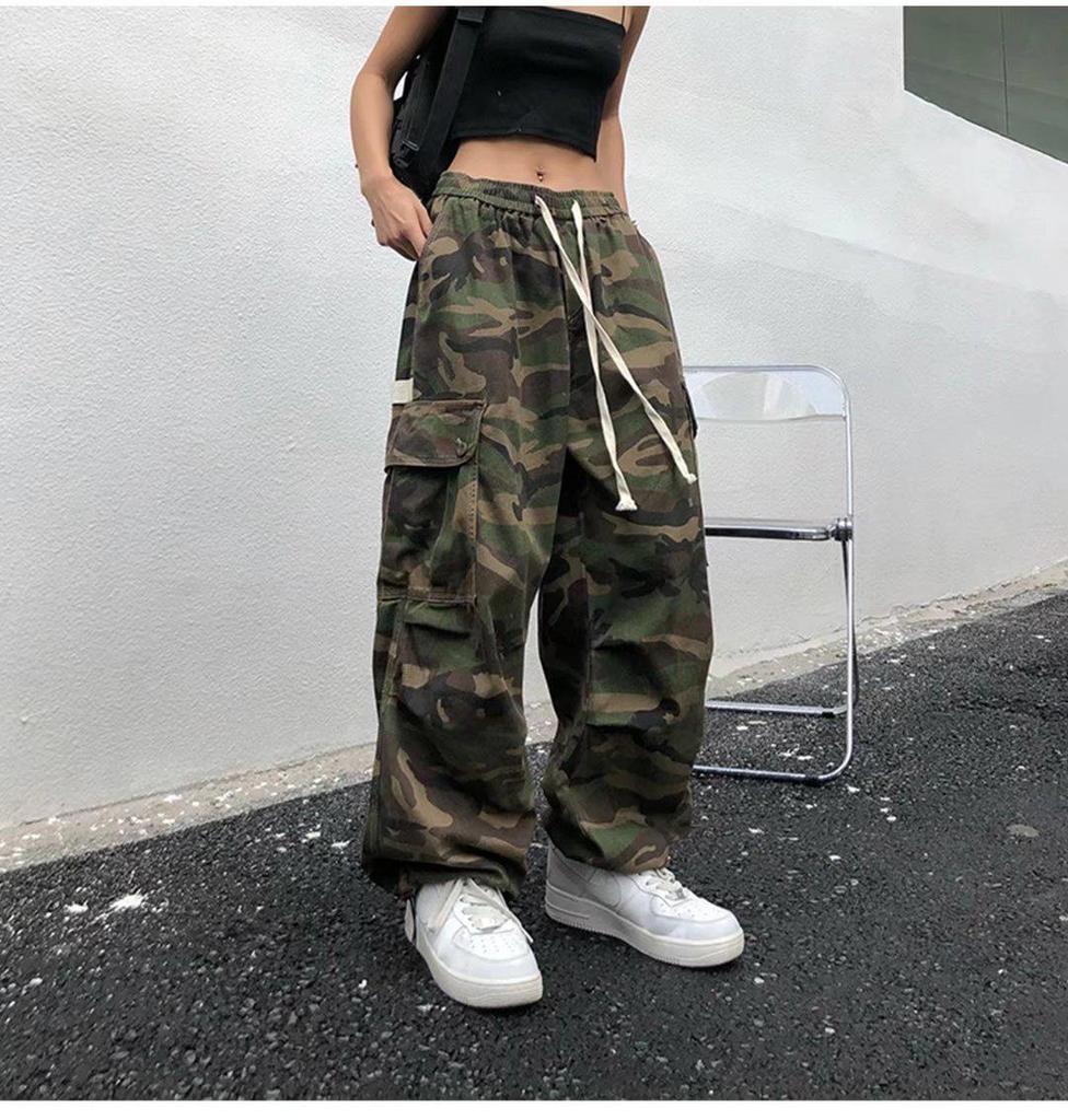 Herren Amerikanischer Street Retro Hip-Hop Camouflage Weitbein-Overall mit Großen Taschen