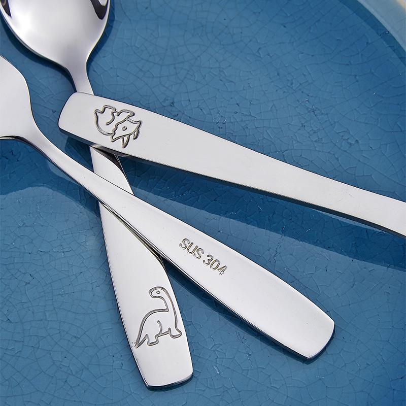 304 Stainless Steel Kids' Cartoon Dinosaur Cutlery Set: Knife, Fork, and Spoon with Square Handles (3-piece).