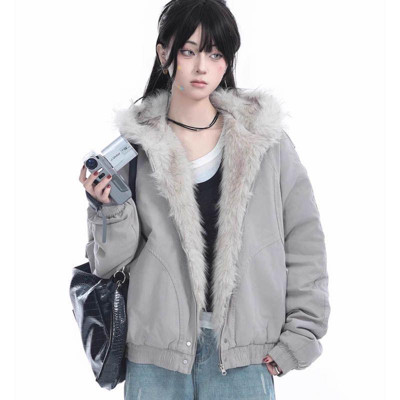 

Жіноча ретро бавовняна куртка з капюшоном і хутряним коміром - стьобана, потовщена, зимове пальто вільного крою S (under 50 kg) сірий колір