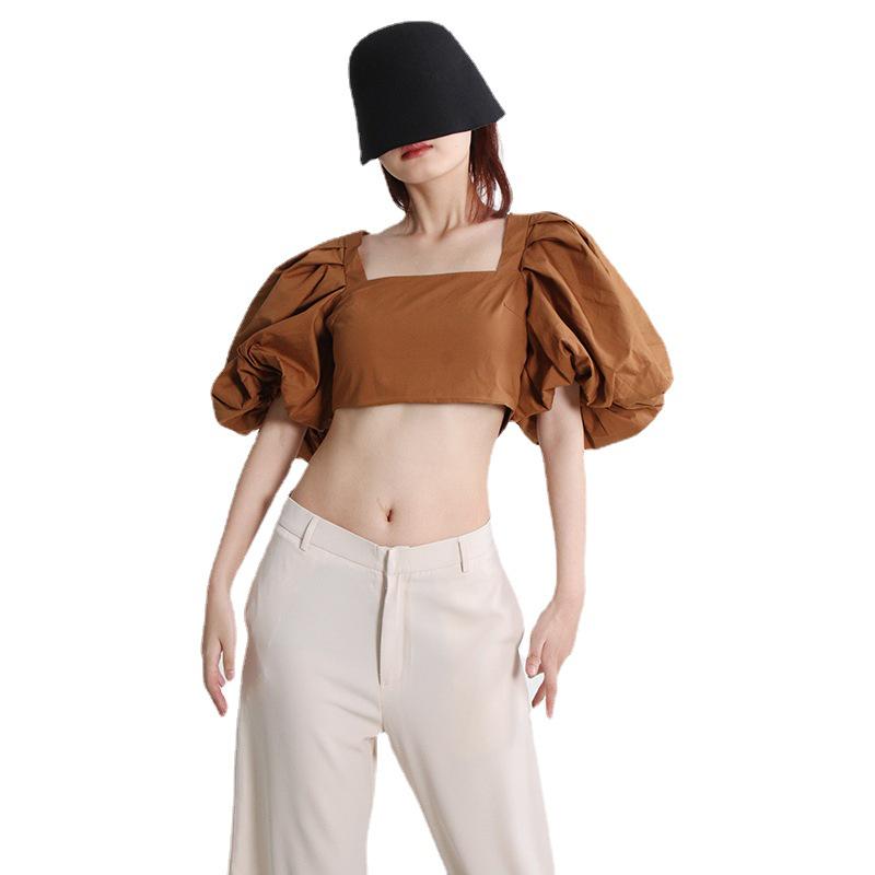 Spring 2025 Women's Square Neck Spliced Puff Sleeve Crop Top