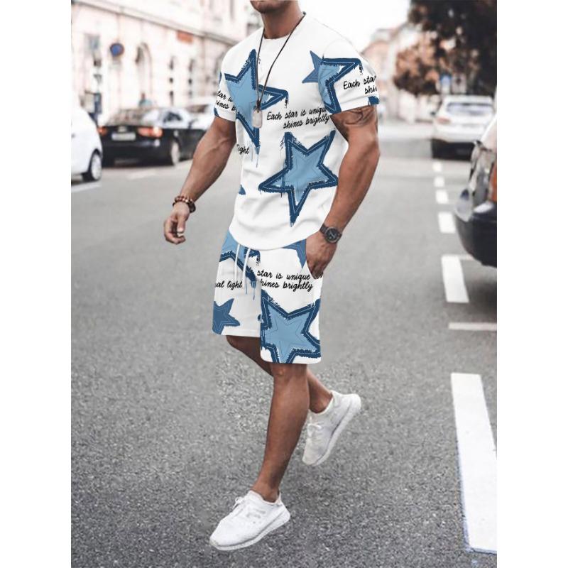 

Men s Casual Sports Set - Comfortable Star Pattern Printed Round Neck Short Sleeve T-shirt and Breathable Shorts, Machine Washable 6XL