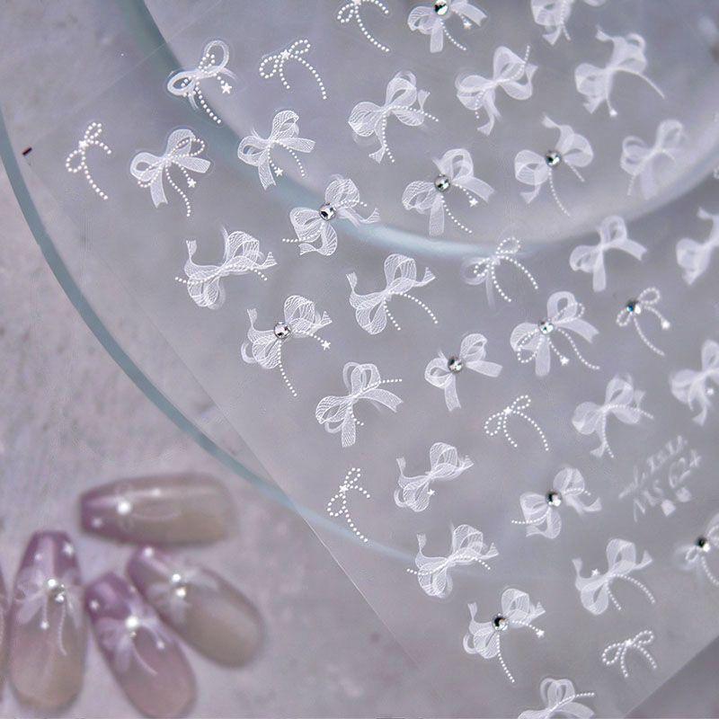 

White 5D Pearl Lace Bowknot Wave Lines Nail Stickers Elegant Exquisite Nail Decoration Decals DIY Self Adhesive Transfer Slider T355-1