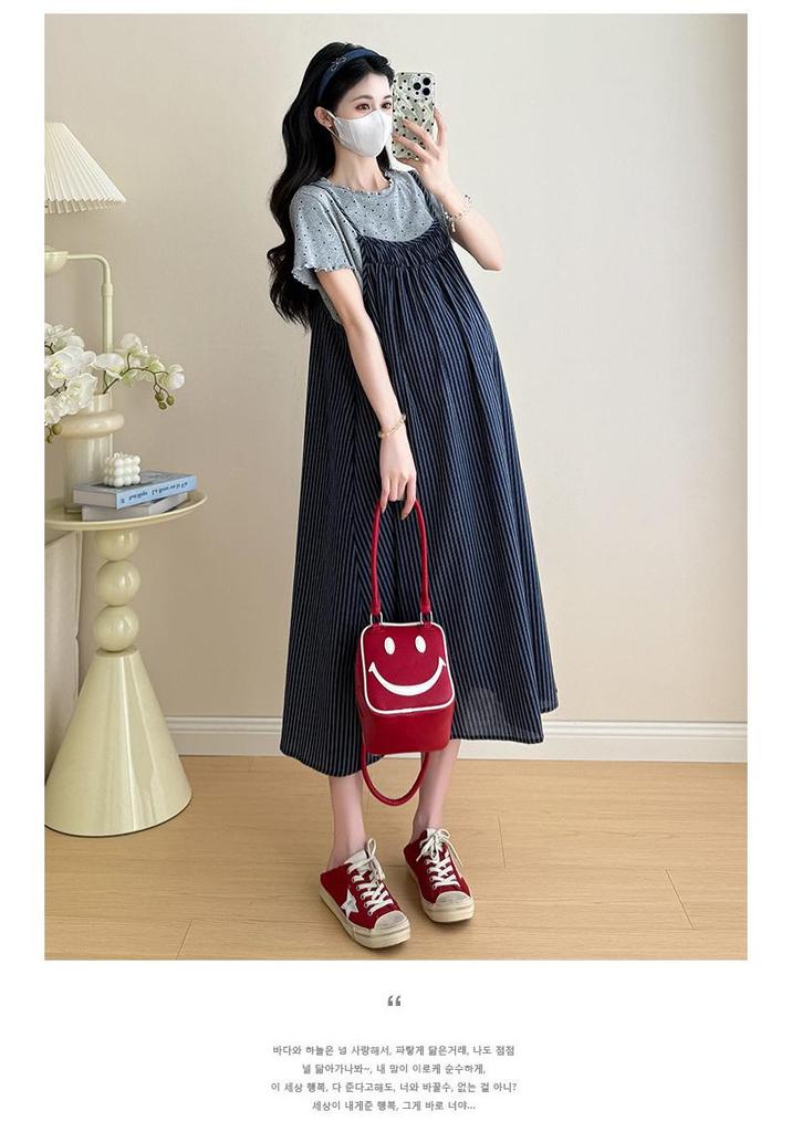 Korean Maternity Set: Polka Dot Cotton Tee + Striped Suspender Dress