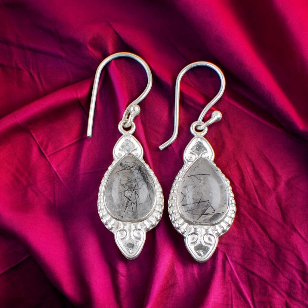 Natural Black Rutile Gemstone 925 Stamped Silver Jewelry Handmade Earrings 1.80" EE-42-23