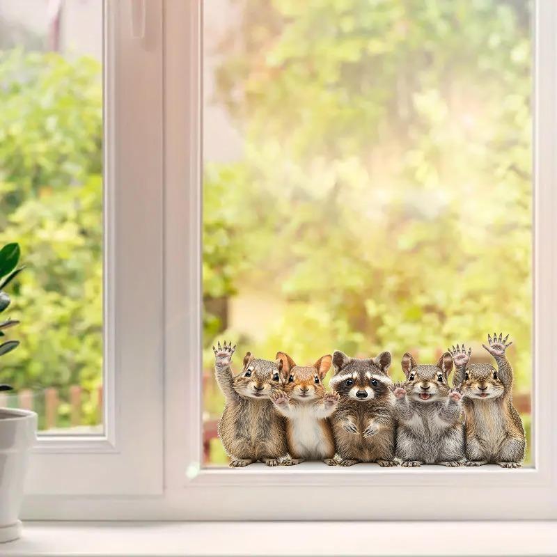 Niedliche Waldtiere Fensteraufkleber - Eichhörnchen & Waschbär Winken Glasmalerei Aufkleber für Zuhause, Wohnzimmer, Schlafzimmer - Verspielte Dekoration