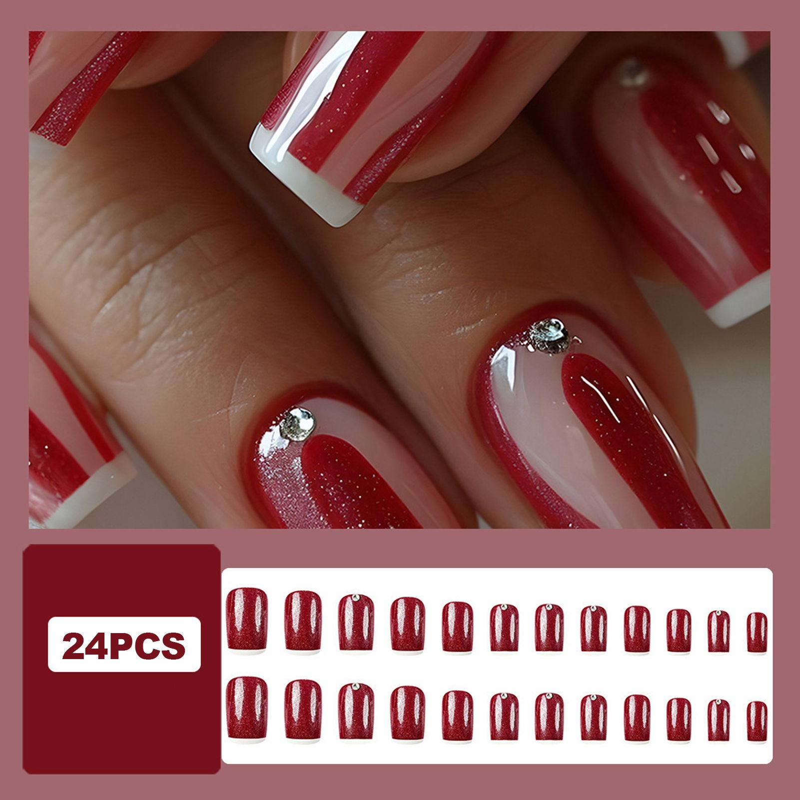 Wine Red French False Nails with Single Rhinestone 24 Pieces Elegant Design for Parties and Daily Use Wine Red бордовый